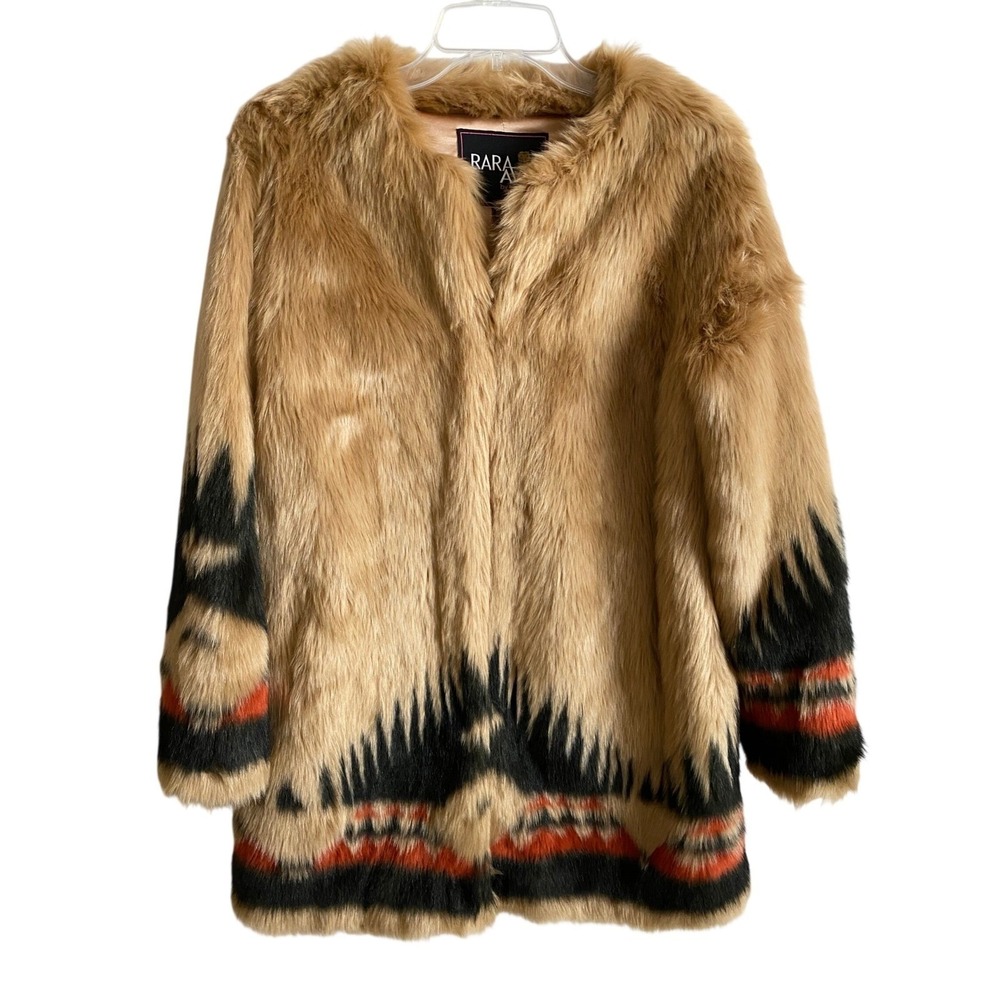 Rara Avis by Iris Apfel Aztec Pattern Faux Fur Coat Tan Black Rust S